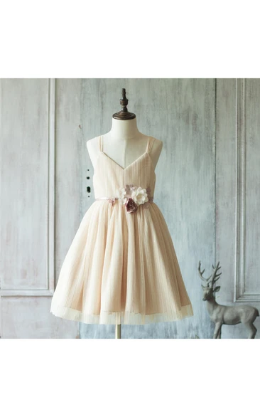 Beige Knee-Length Tulle Wedding Dress with Spaghetti Straps Bridesmaid Dress