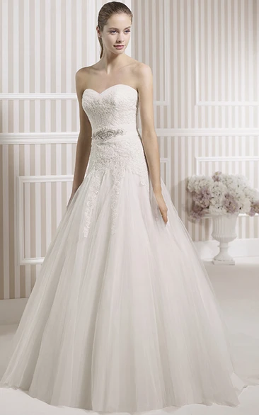Jeweled Tulle A-Line Wedding Dress with Appliques and V-Back Glamorous Bridal Gown