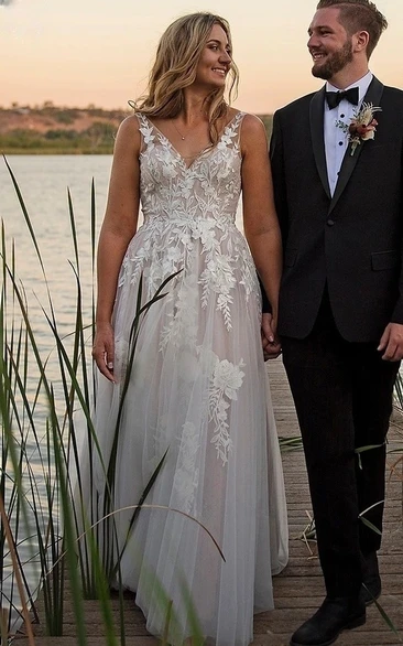 Bohemian Lace V-Neck A-Line Wedding Dress with Open Back Unique & Flowy