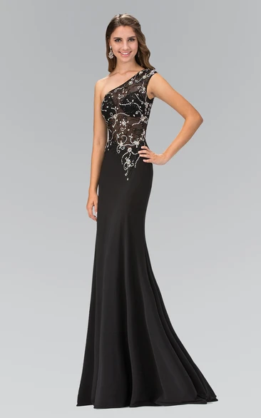One-Shoulder Jersey Floor-Length Formal Dress with Beading