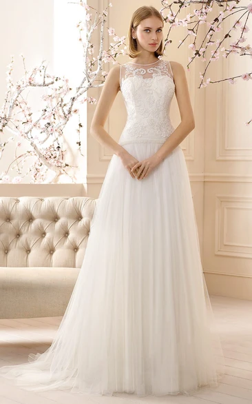 Sleeveless A-Line Tulle Wedding Dress with Appliques and Pleats Elegant Wedding Dress