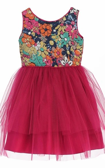Floral Tulle Sequin Flower Girl Dress Tea-Length with Ribbon