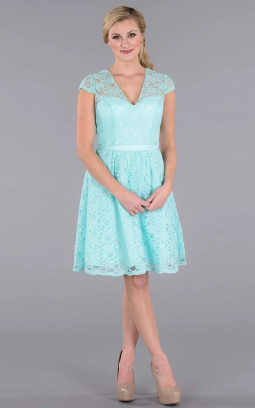 Ribboned Cap Sleeve Lace Bridesmaid Dress Mini V-Neck Style