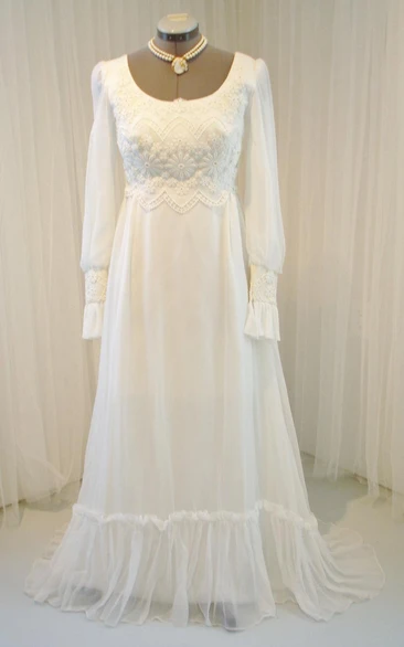 Vintage Chiffon and Lace Wedding Dress Unique Long Sleeve Bridal Gown