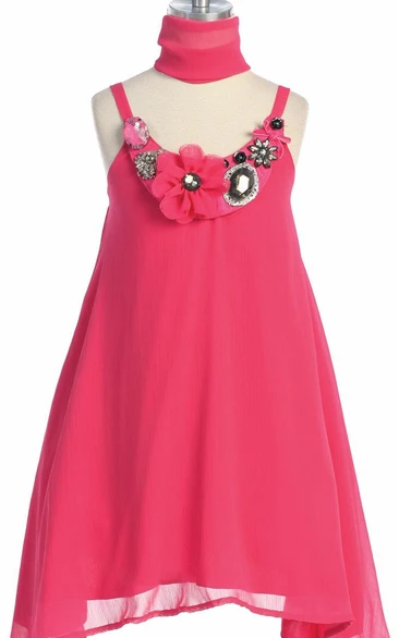 Chiffon Flower Girl Dress with Spaghetti Straps and Cape Midi