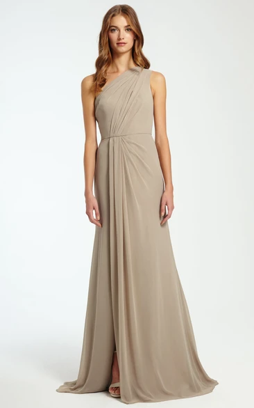 A-Line One-Shoulder Chiffon Bridesmaid Dress with Ruching and Split-Front