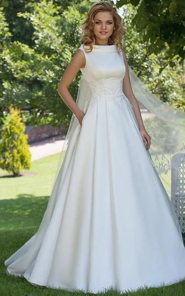 Sleeveless Satin A-Line Wedding Dress with High Neck and Lace-Up Back