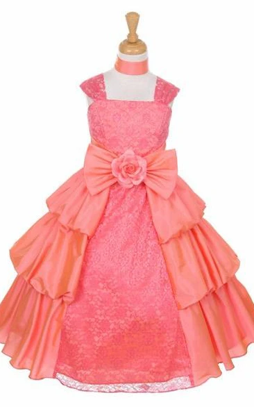 Ankle-Length Floral Lace and Taffeta Flower Girl Dress with Ribbon Unique Prom Dress