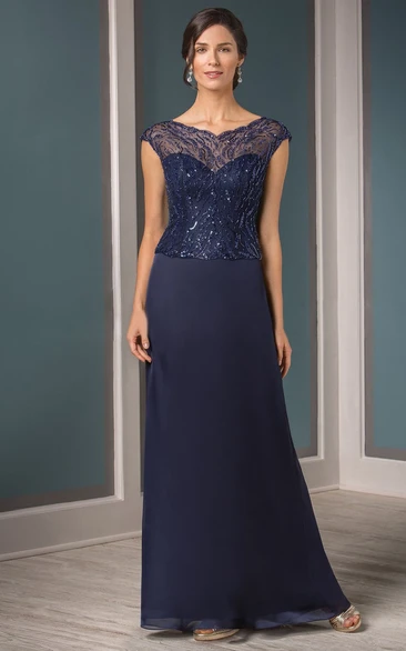 Sequin Embellished Cap-Sleeved V-Neck Mother Of The Bride Dress with Illusion Style