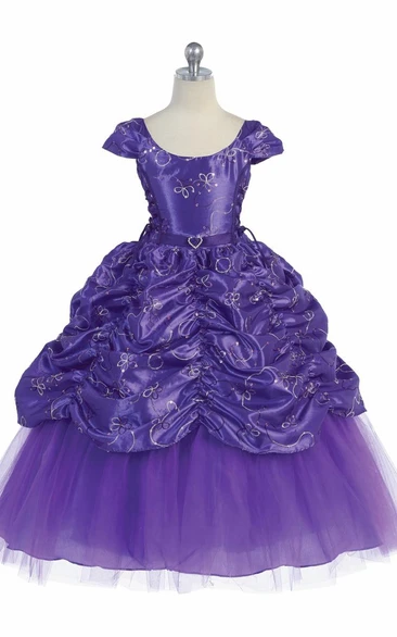 Embroidered Lace Flower Girl Dress Ankle-Length with Brooch and Tiered Taffeta 