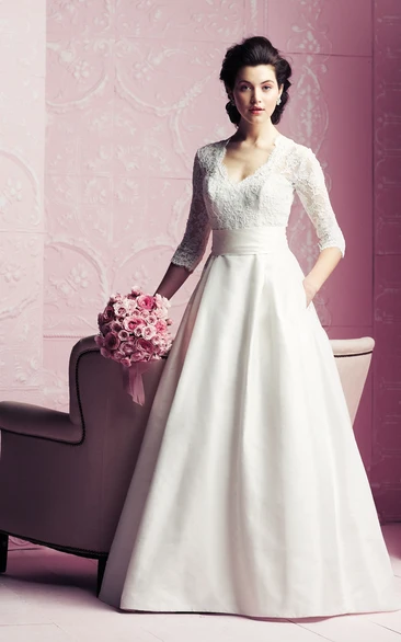 Lace Bodice A-line Wedding Dress with 3/4 Sleeves Elegant and Timeless