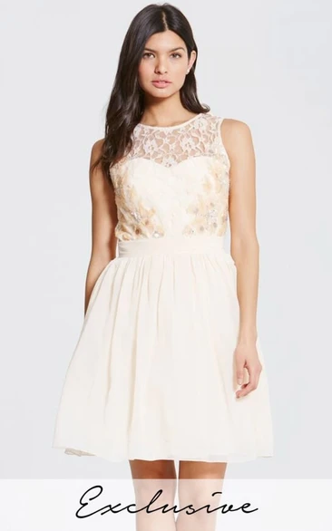 Floral Chiffon Bridesmaid Dress Short Sleeveless Scoop Neck