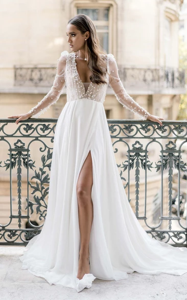 Romantic Sexy Chiffon Beaded A-Line V-neck Wedding Dress Elegant Vintage Long Sleeve Floor-length Split Bridal Gown with Train