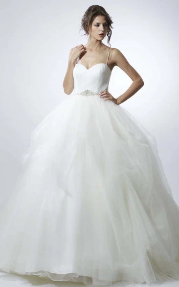 Spaghetti Jeweled Tulle Wedding Dress with Sweep Train Gorgeous Bridal Gown