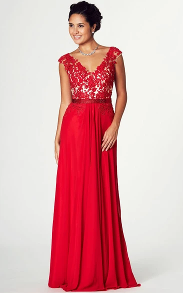 Cap Sleeve V-Neck Jersey Prom Dress with Appliques Unique Prom Dress 2024