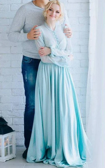 Blue Bridesmaid Gown with Sleeves Elegant Floor-length Jersey & Satin Dress