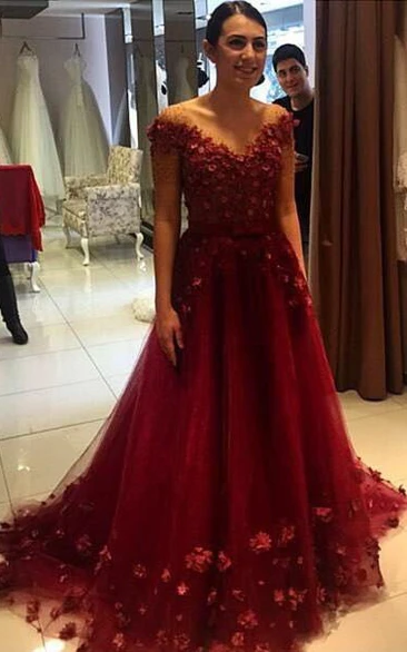 Burgundy Off-the-Shoulder A-Line Prom Dress with Tulle Appliques