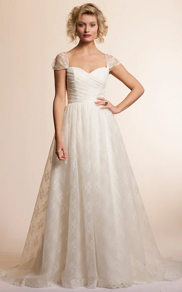 Cap-Sleeve Lace A-Line Wedding Dress with Ruching and Deep-V Back Classic Bridal Gown