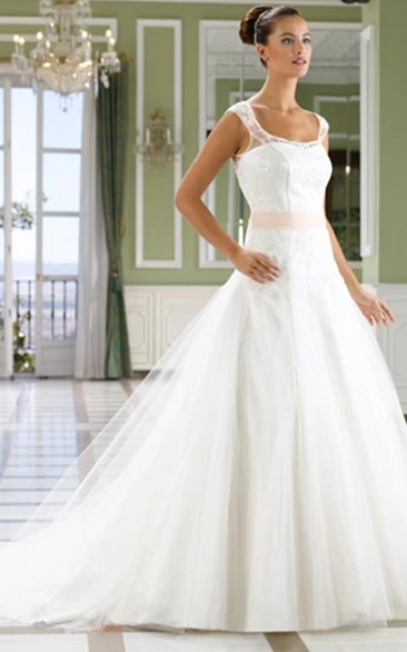 Lace Illusion Back A-Line Wedding Dress with Court Train and Square Neckline