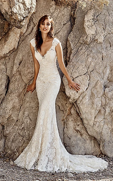 Sheath Lace Wedding Dress with Cap Sleeves and Court Train