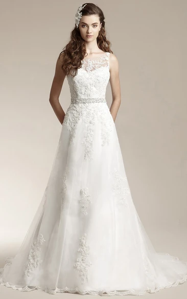 A-Line Wedding Dress with Bateau-Neck Appliques and Low V-Back