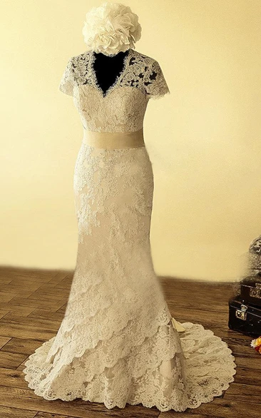 Mermaid Lace Wedding Dress with Sash and Flower Classy Bridal Gown