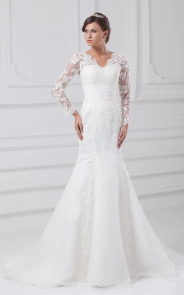 Mermaid Wedding Dress Modest Long-Sleeve Scalloped-Neck with Appliques