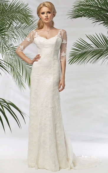 Half-Sleeve Sheath Lace Wedding Dress Appliqued V-Neck Long