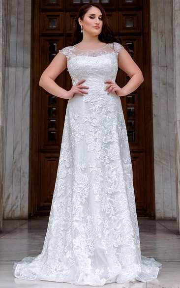 Short Sleeve Lace A Line Wedding Dress with Court Train and Appliques Modern Style