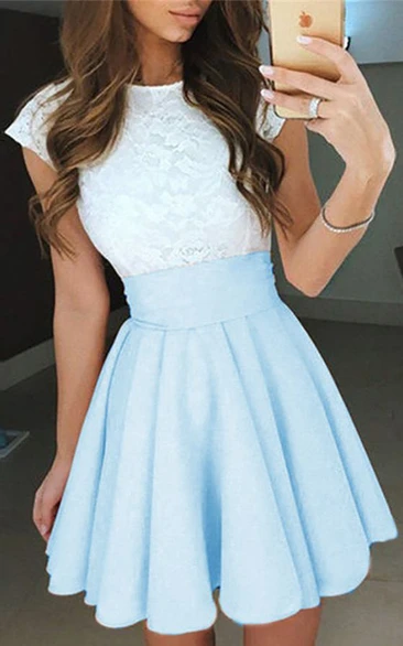 A Line Taffeta Lace Jewel Short Sleeve Vintage Homecoming Dress
