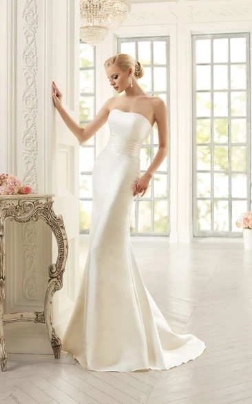 Strapless Satin Sheath Dress with Beading and Lace Appliques