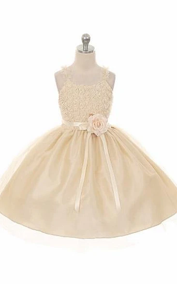 Tea-Length Tiered Tulle Flower Girl Dress With Embroidery Flowy Tea-Length Dress with Tulle and Embroidery