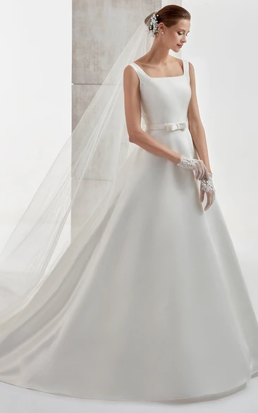 Satin A-Line Wedding Dress with Bow Belt and Brush Train Classic Bridal Gown