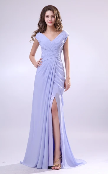 V-Neck Pleated Dress with Crisscross Ruching and Slitting for Bridesmaids