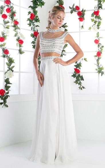 High Neck Sleeveless Chiffon Illusion Formal Dress with Beading