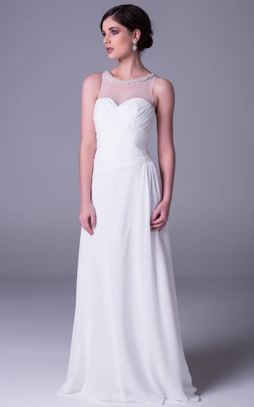 Criss-Cross Chiffon Sheath Wedding Dress with Beading and Floor-Length