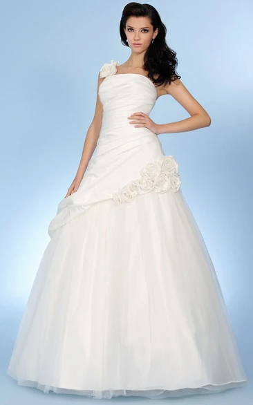 One-Shoulder Pick Up Satin & Tulle Wedding Dress Unique A-Line Bridal Gown