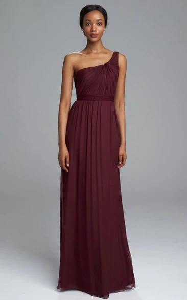 One-Shoulder Chiffon Sheath Bridesmaid Dress with Ruching and Sleeveless Design