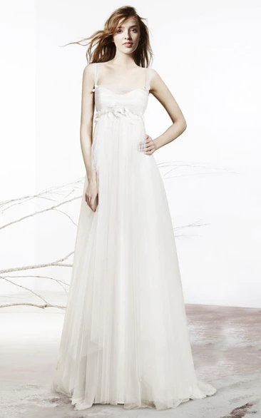 A-Line Floral Tulle Wedding Dress with Low-V Back and Draping Floor-Length Sleeveless Empire