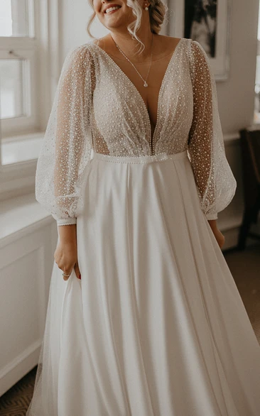 2024 Modern Unique Plus Size A-Line Long Sleeve Wedding Dress Sexy Flowy Illusion Plunging Neckline Backless Satin Ball Gown Bridal Dress