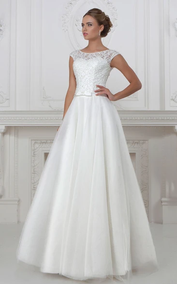 Cap-Sleeve Floor-Length Scoop-Neck Lace&Tulle&Satin A-Line Wedding Dress Modern Bridal Gown