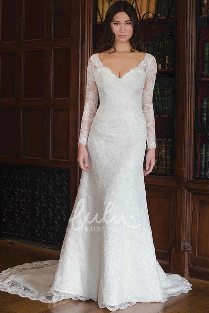 Long-Sleeve Sheath Wedding Dress with V-Neck and Lace Details - BrideLuLu
