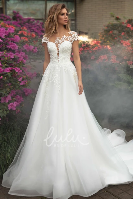 Elegant A Line Lace Tulle Plunging Neckline Wedding Dress With Short ...