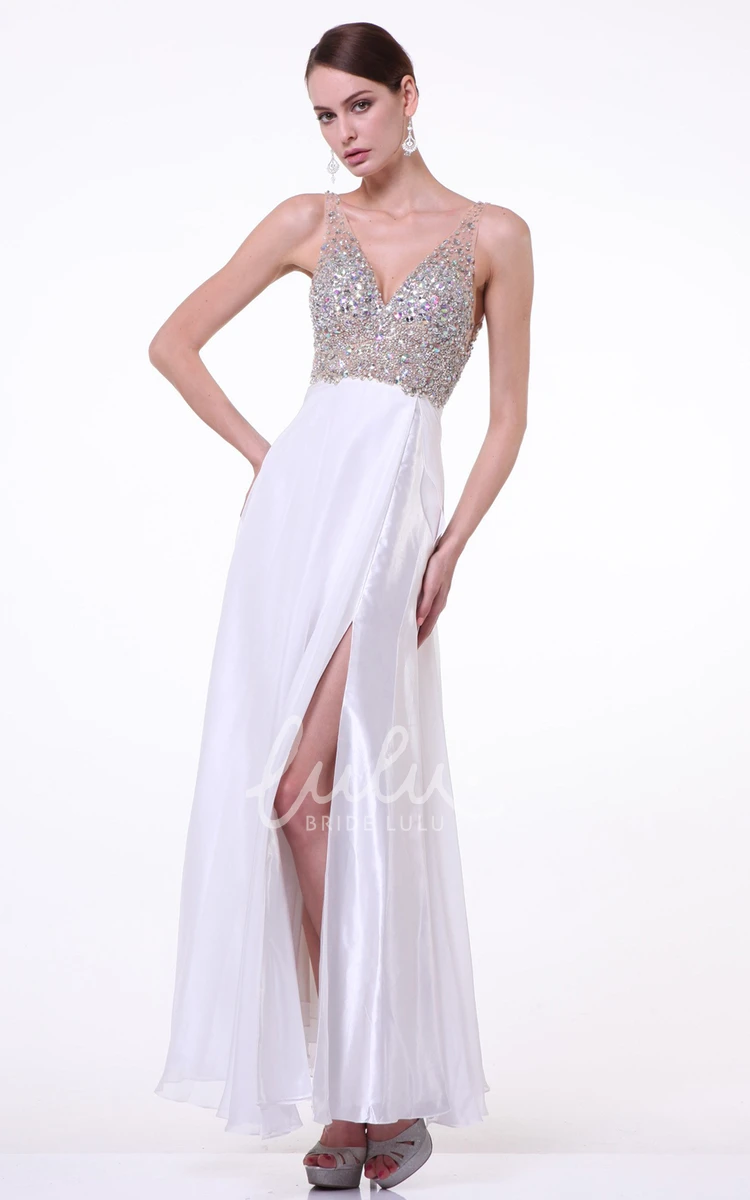 V-Neck Beaded Empire Sleeveless Bridesmaid Dress with Deep-V Back