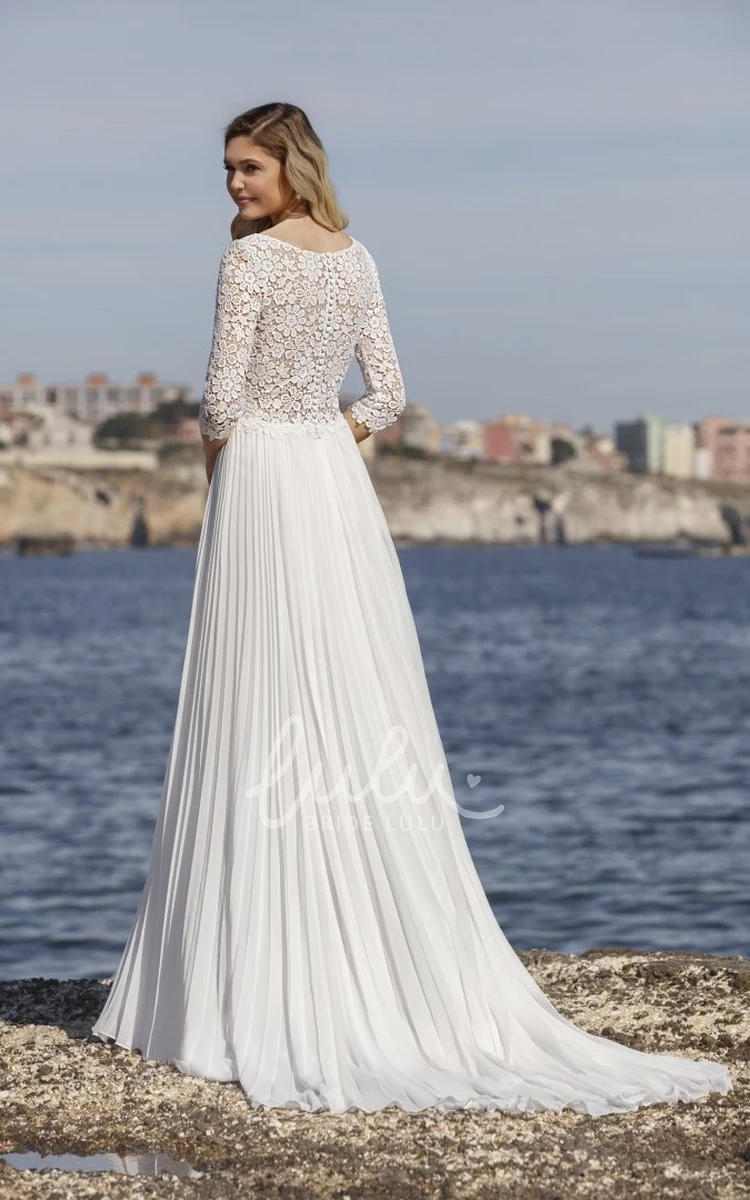 Elegant Half Sleeve Lace Chiffon Front Split Button Wedding Dress