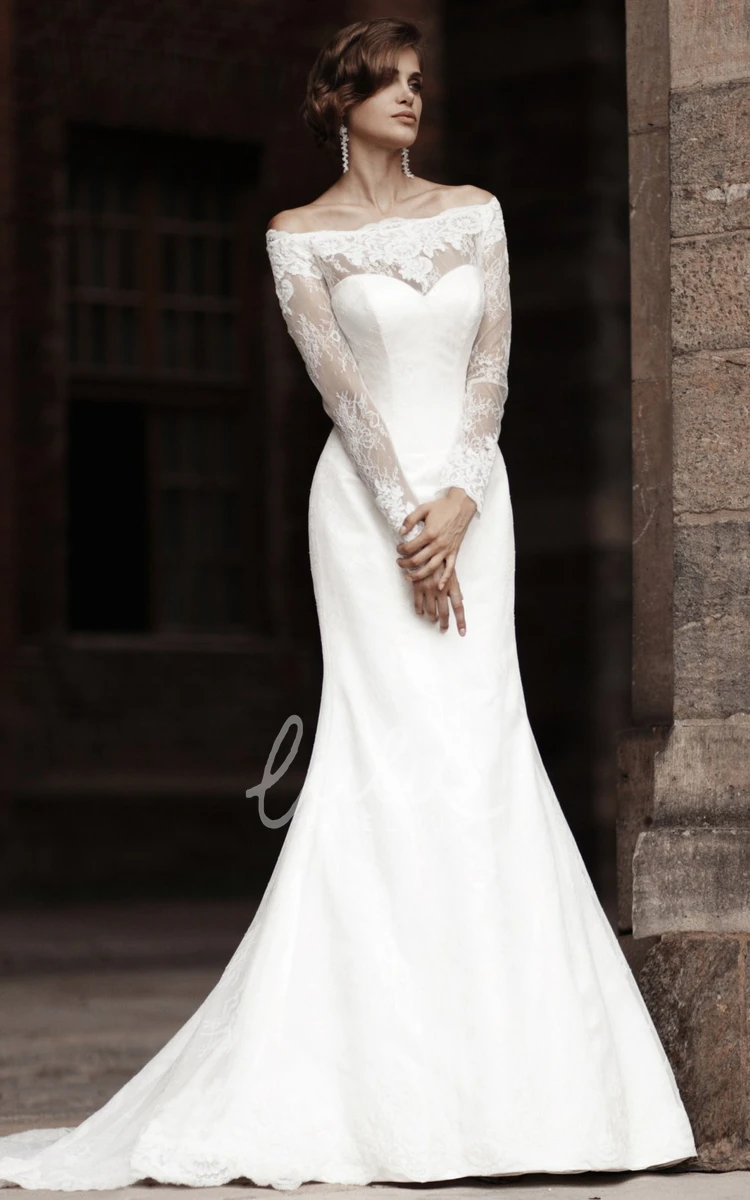 Long-Sleeve Lace Appliqued Mermaid Wedding Dress with Bateau Neck
