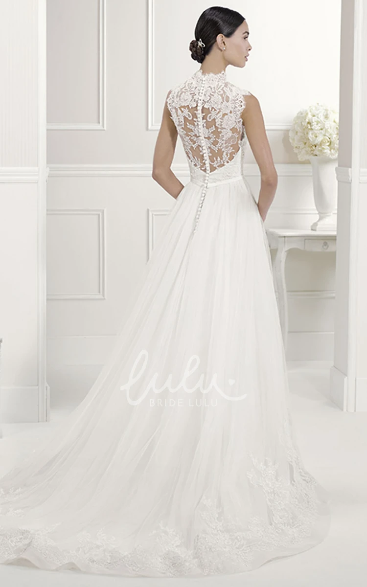A-Line Bridal Gown with High Neck Lace Pleated Tulle and Bow