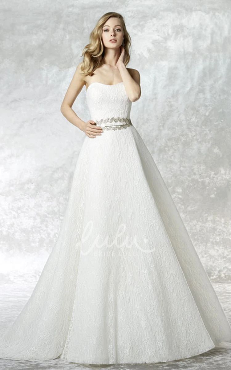 Strapless A-Line Lace Wedding Dress with Jeweled Detailing and Brush Train