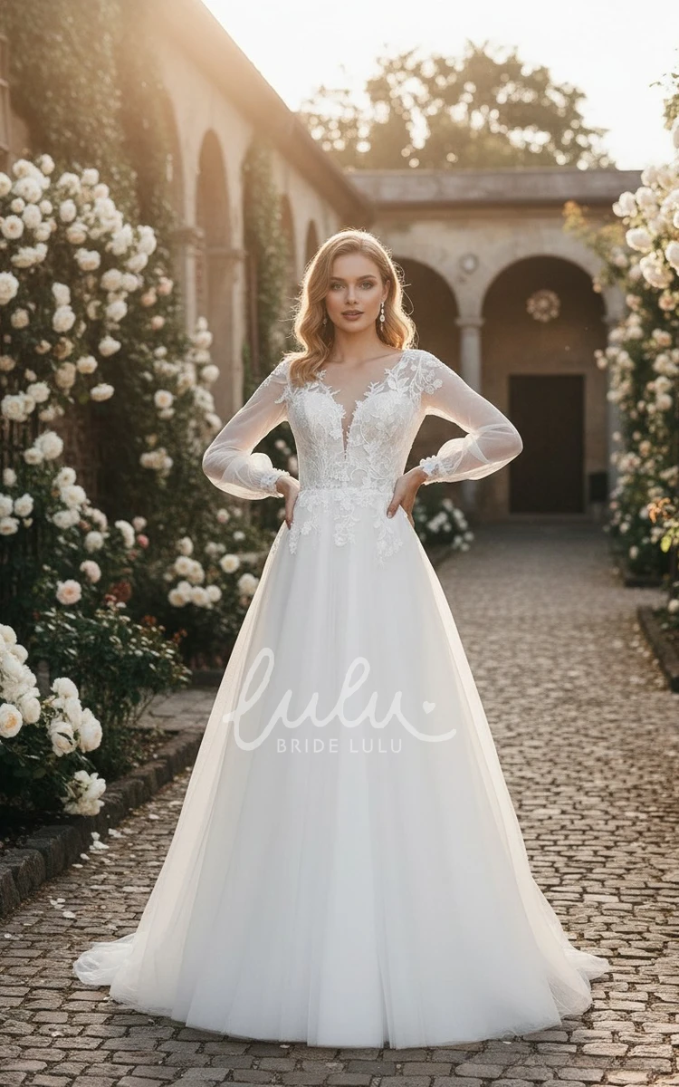 Flowers Lace Bohemian Ethereal A-Line Plunging Neckline Tulle Spring Wedding Dress Romantic Garden Long Sleeve Floor-length Bridal Gown with Button V Back