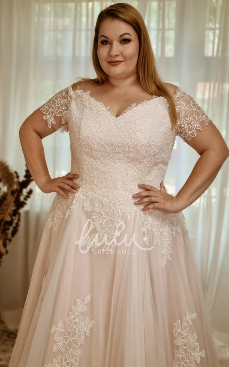 Modest Tulle A Line Wedding Dress with Off-the-shoulder and Appliques Sweep Train